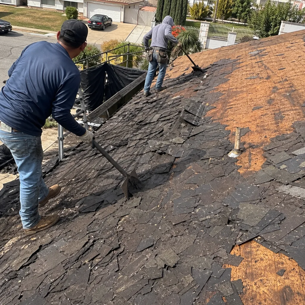 Professional roofers removing old asphalt shingles from a residential roof