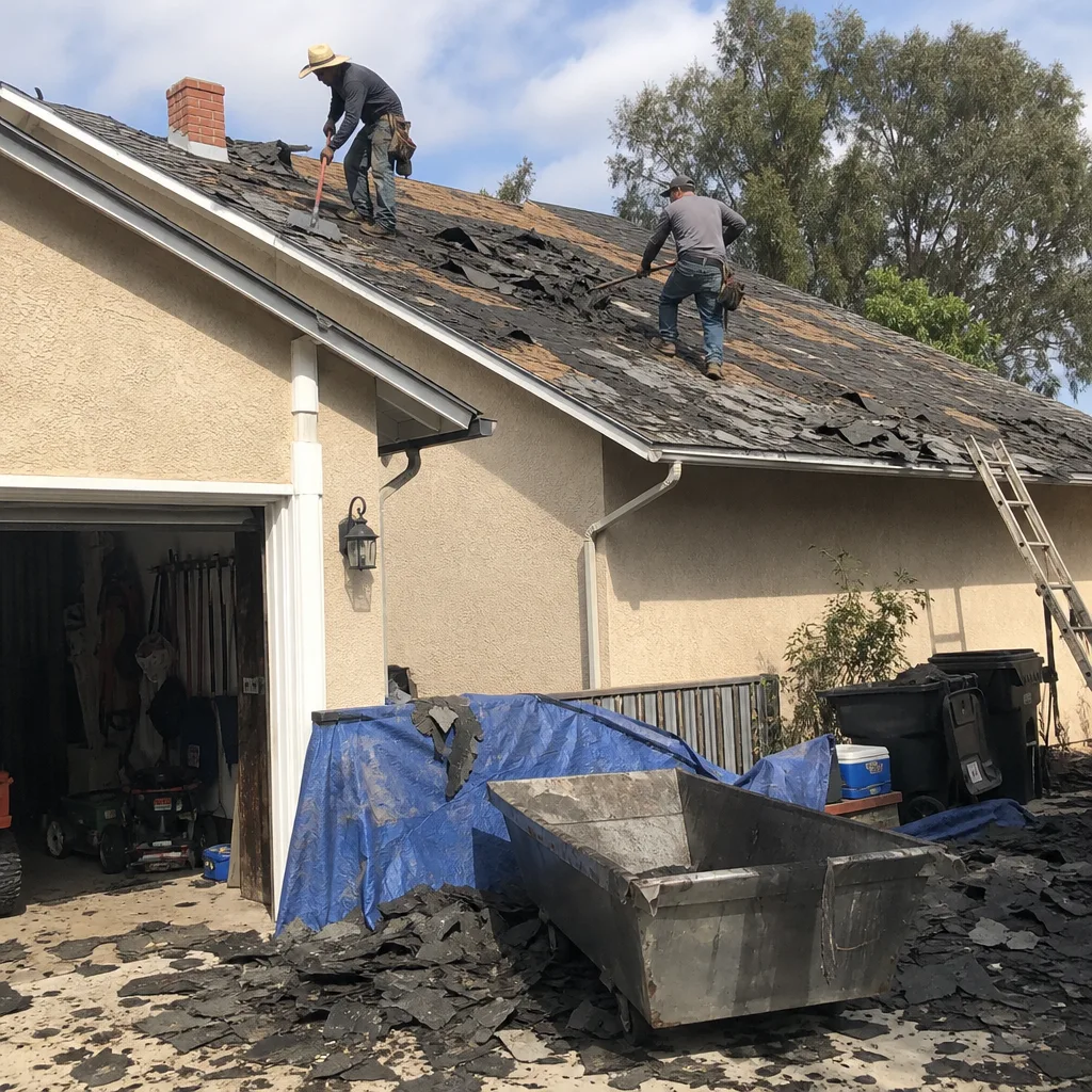 Two professional roofers removing old asphalt shingles from a residential home