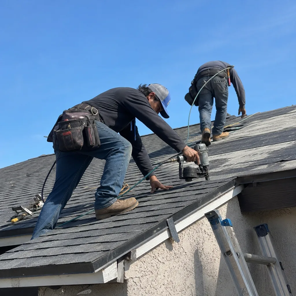 Two professional roofers performing residential roof inspection and repair.