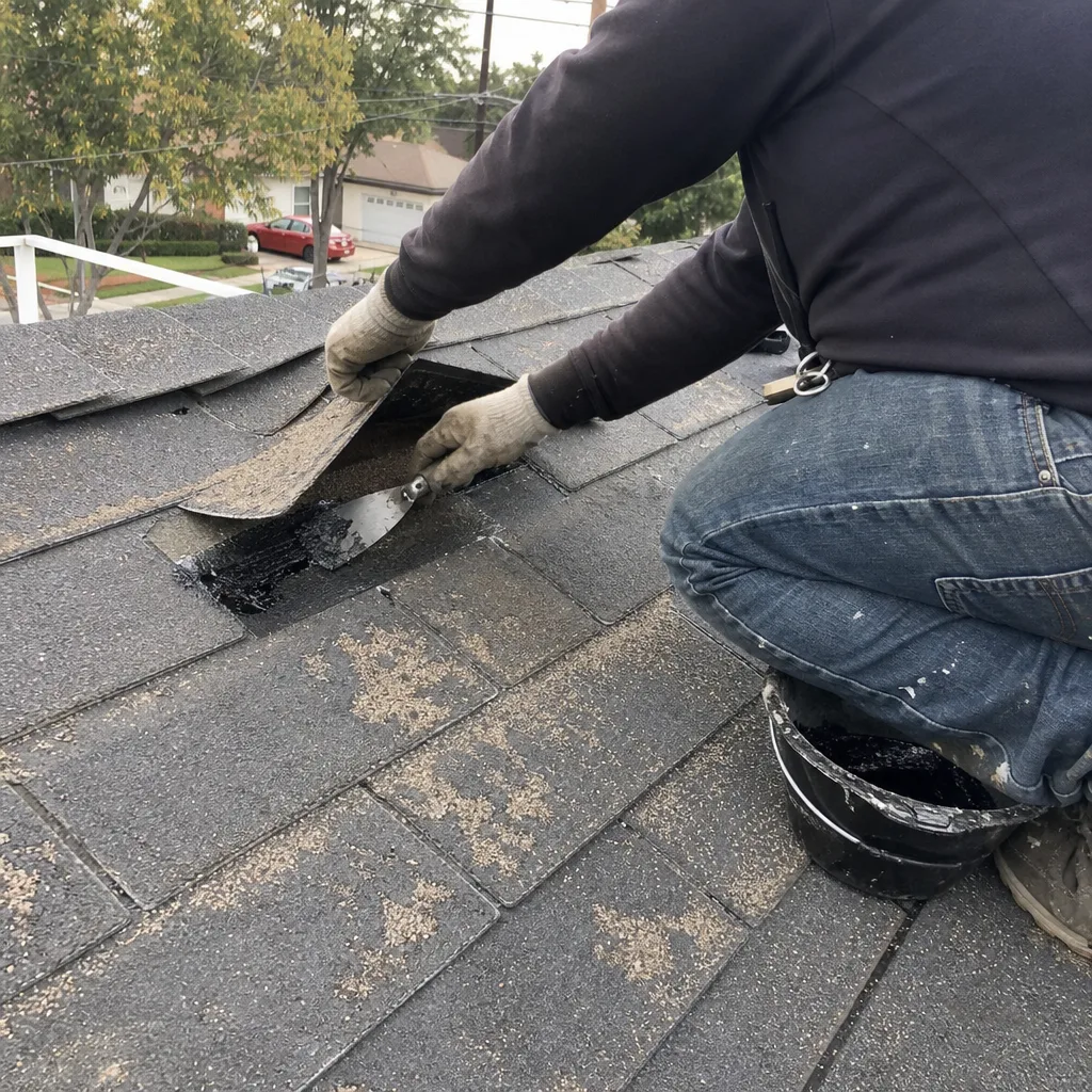 Professional roofer applying sealant to repair shingles on a residential roof
