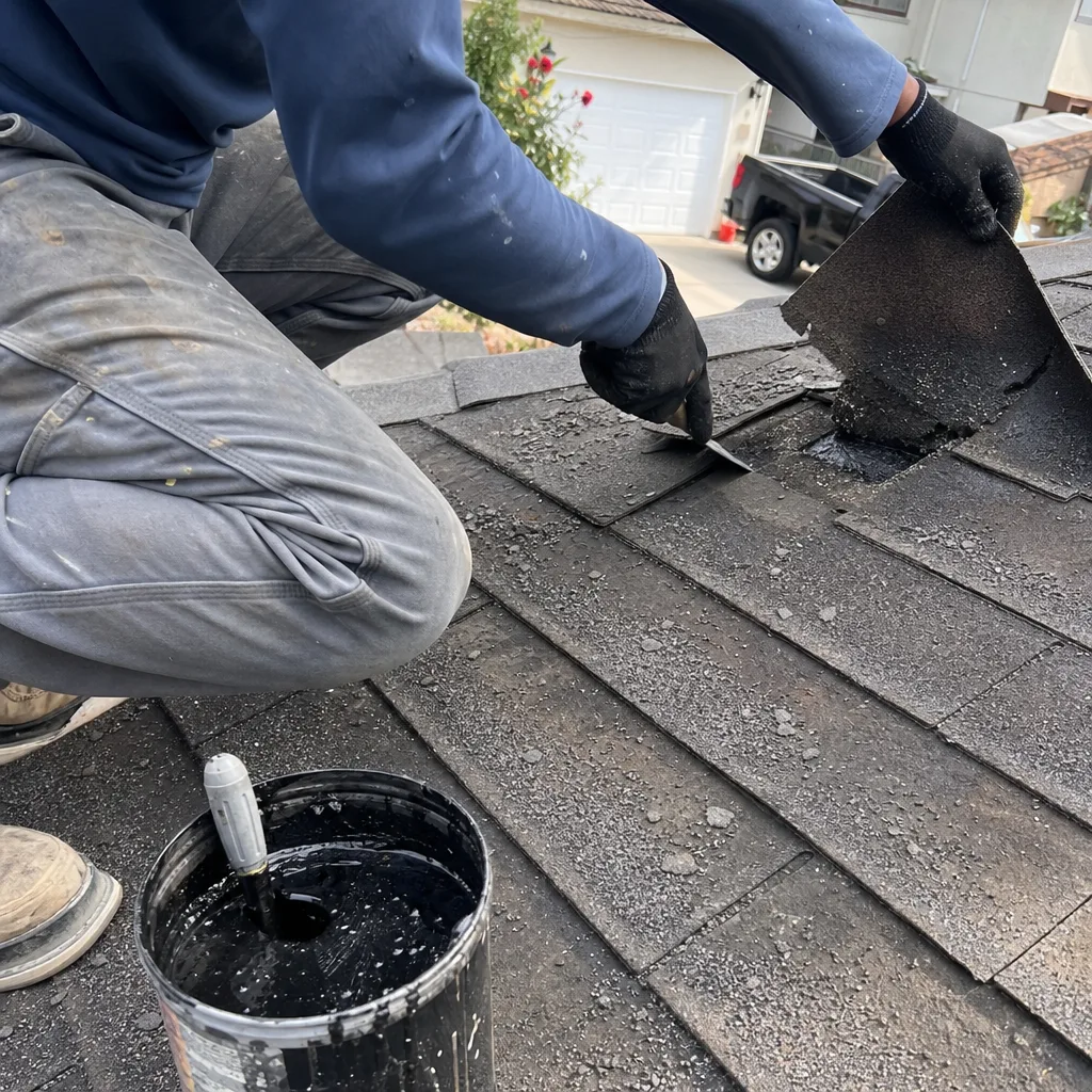 Professional roofer applying sealant during residential roof repair services