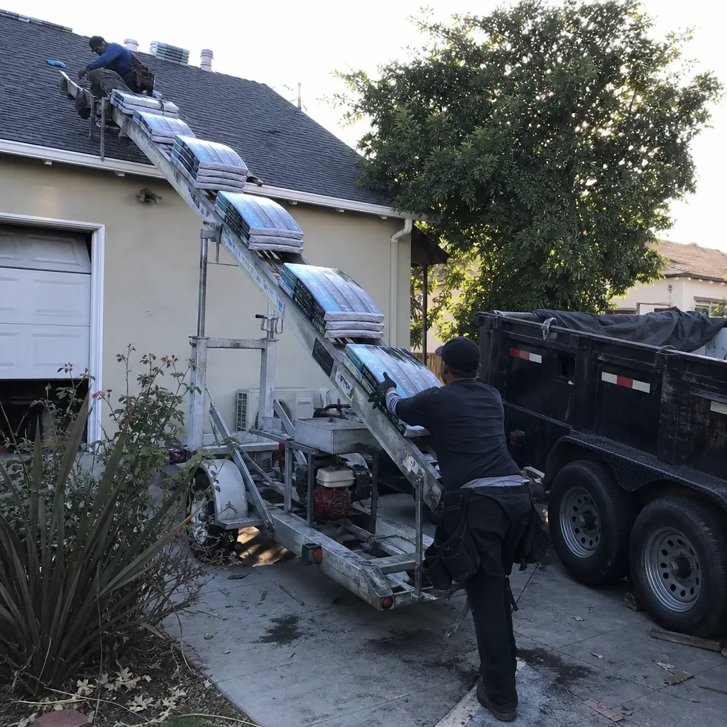 Roofers using a shingle conveyor lift to move roofing materials onto a house